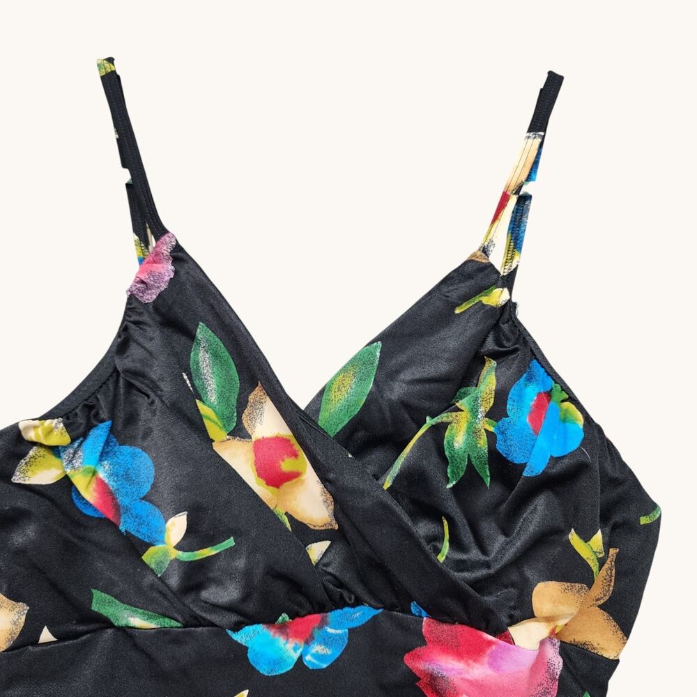 NWT Sun Streak Newport News One Piece Swimsuit 16 Black Floral Wrap Top High - Picture 4 of 10